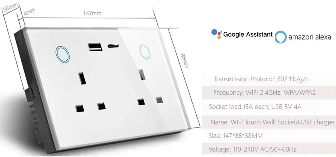 Smart Wall Socket Crystal Glass Panel With USB